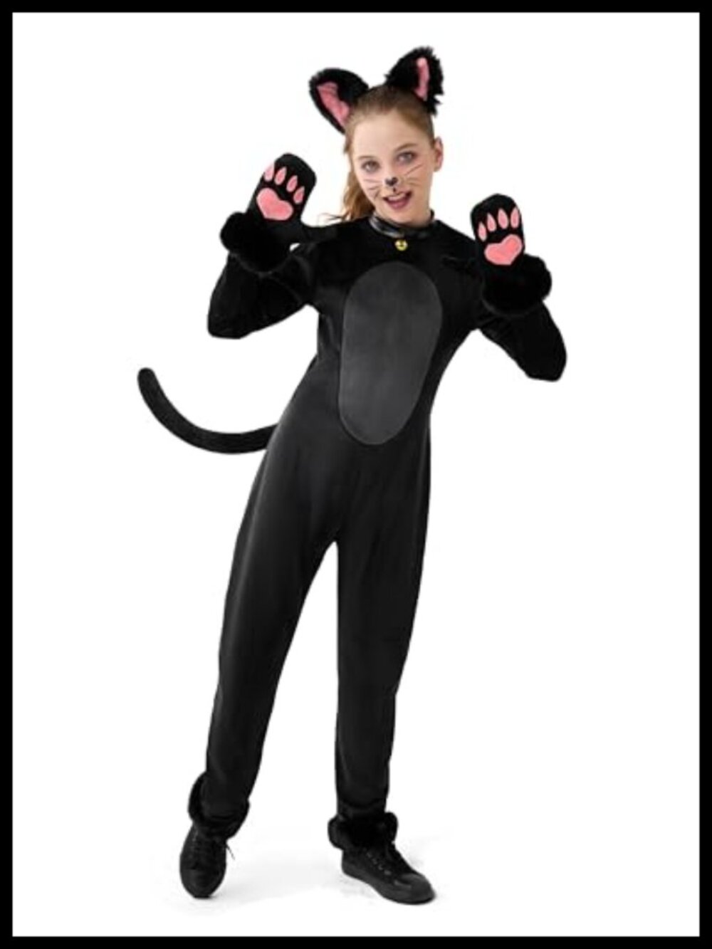 Girls Cat Costume Plush Jumpsuit Headband Tail Gloves Halloween Dress Up